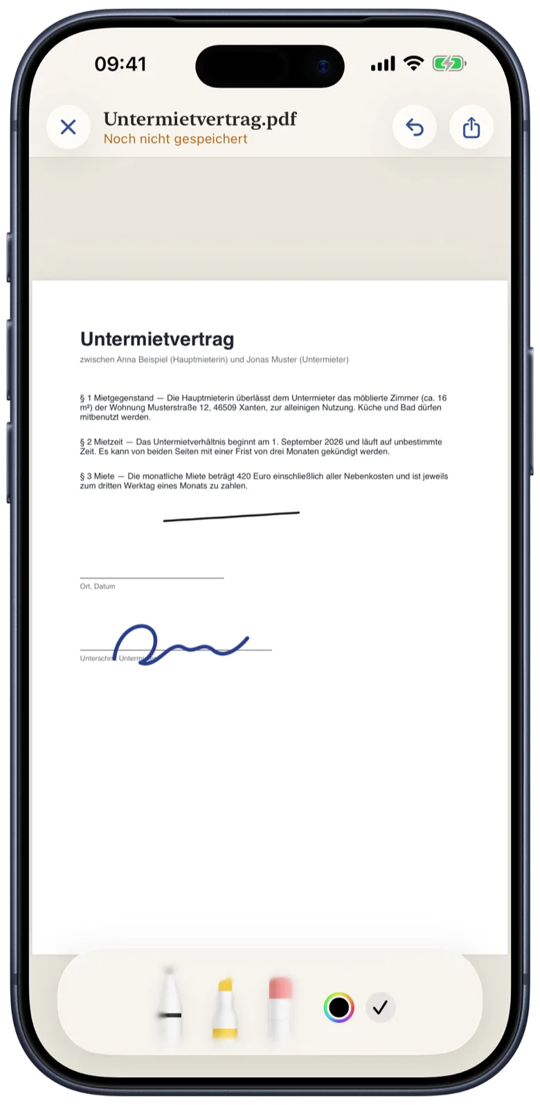iPhone im Markieren-Modus von Tinte: Stift, Marker und Radierer unter dem Vertrag, eine Zeile ist unterstrichen.