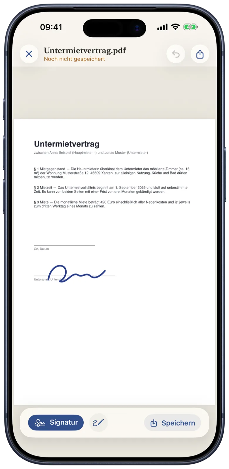 iPhone mit einem geöffneten Untermietvertrag in Tinte, auf dessen Unterschriftslinie eine blaue Unterschrift platziert ist.