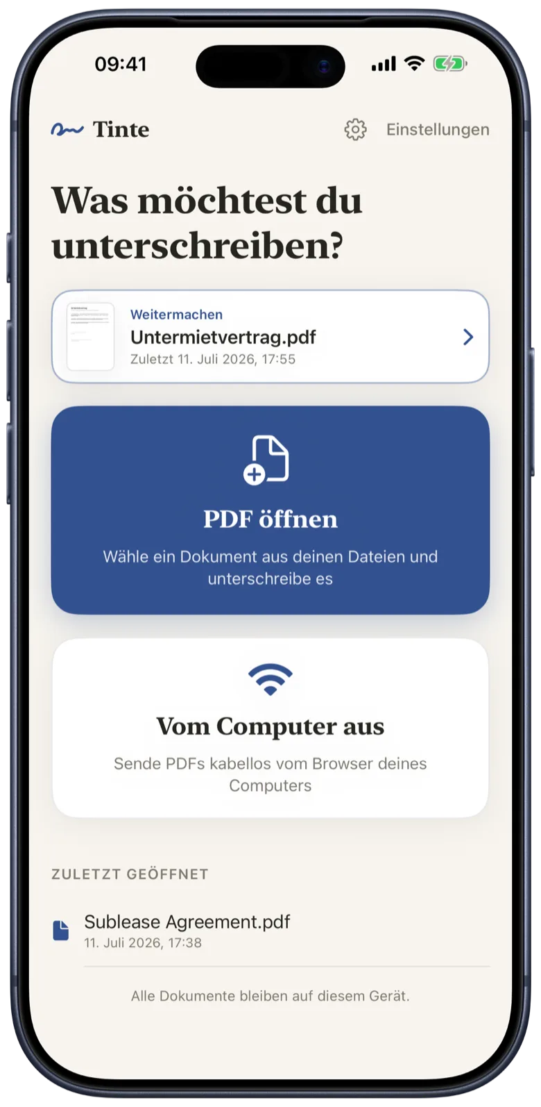 iPhone mit dem Startbildschirm der Tinte-App: „Was möchtest du unterschreiben?“ mit den Karten „PDF öffnen“ und „Vom Computer aus“.