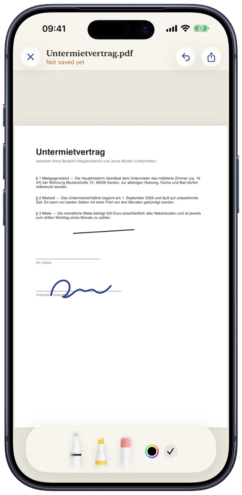 iPhone in Tinte’s annotate mode: pen, highlighter and eraser below the contract, one line underlined.