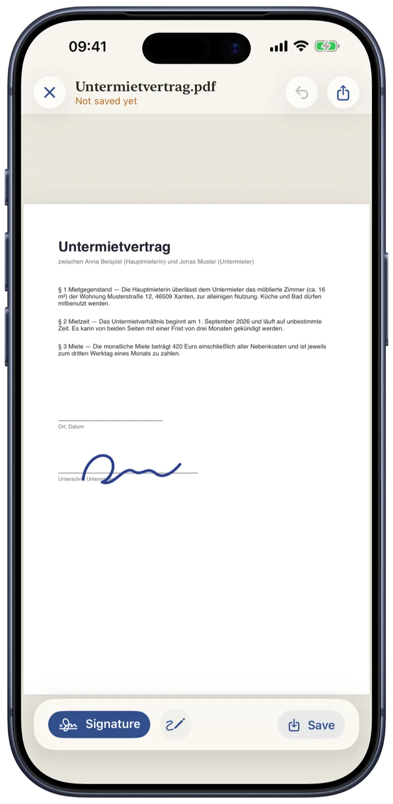 iPhone with a sublease agreement open in Tinte, a blue signature placed on its signature line.