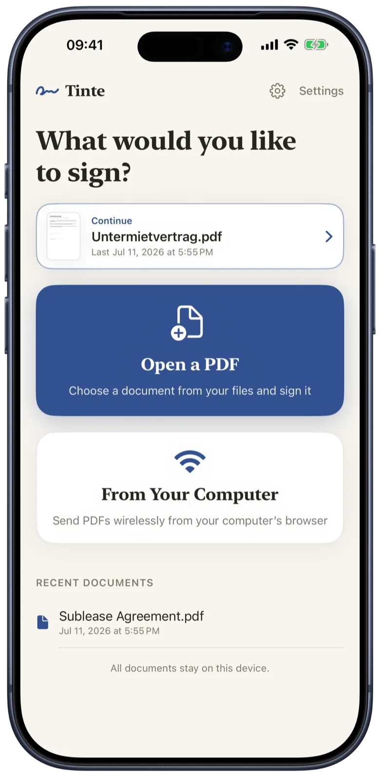 iPhone showing the Tinte start screen: “What would you like to sign?” with the “Open a PDF” and “From Your Computer” cards.
